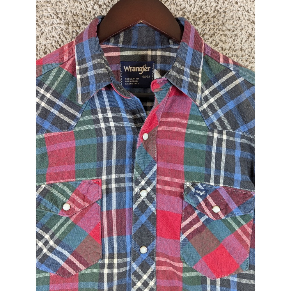 Wrangler Plaid Pearl Snap Western Shirt Regular‎ Fit X-Long Tails 15 1/2-33